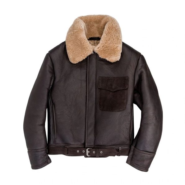 Men's B-2 Sheepskin Leather Bomber Jacket With Fur Collar