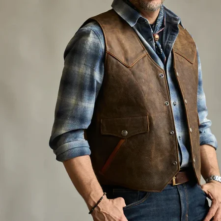 New Men Brown Cowboy Western Biker Leather Vest.