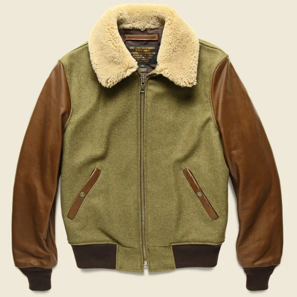 Schott B-15 Olive And Brown Wool And Leather Jacket