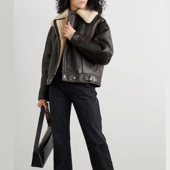 Women RAF B-3 Black Sheepskin Shearling Leather Jacket..
