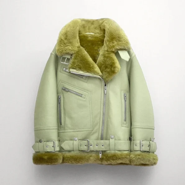 Women RAF B-3 Sheepskin Leather Aviator Light Green Jacket