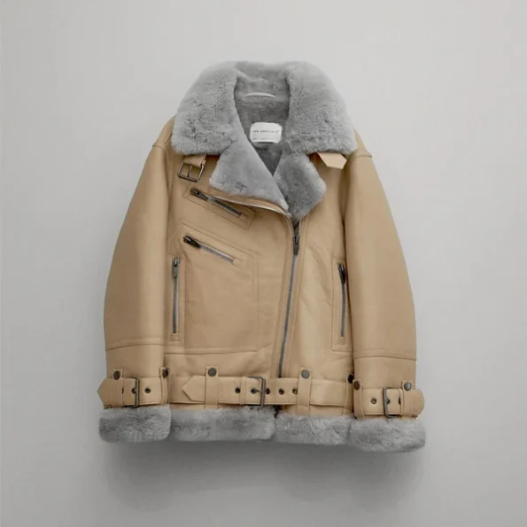 Women RAF B-3 Sheepskin Leather Shearling Aviator Beige Jacket