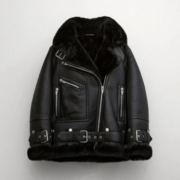 Women RAF B-3 Sheepskin Leather Shearling Aviator Black Jacket