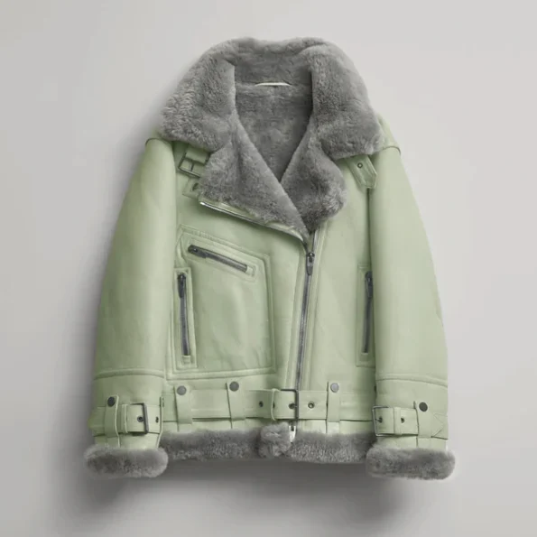 Women RAF B-3 Sheepskin Leather Shearling Aviator Light Green Jacket