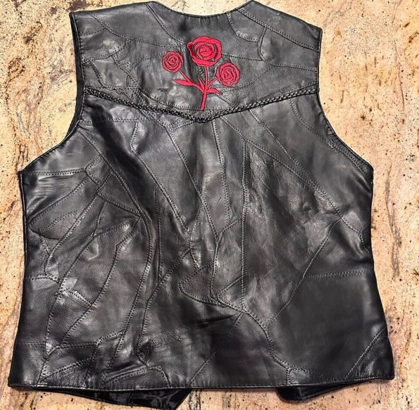 Diamond Plate Buffalo Rose Embroidered Black Leather Vest.