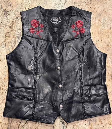 Diamond Plate Buffalo Rose Embroidered Black Leather Vest