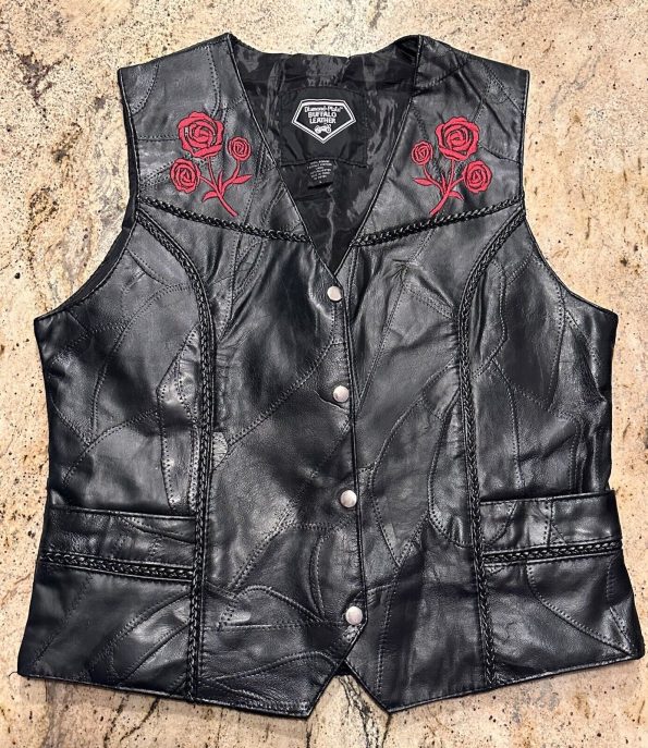 Diamond Plate Buffalo Rose Embroidered Black Leather Vest