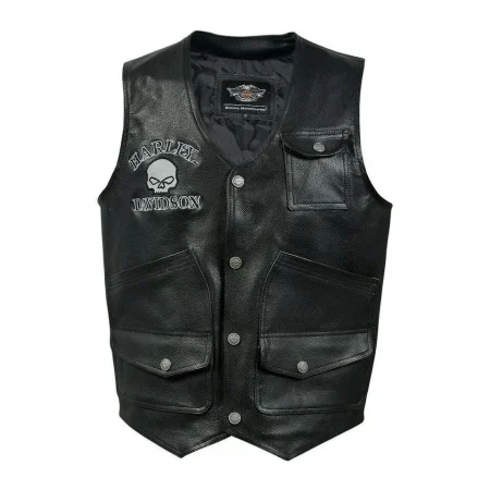 Harley Davidson Men's Reflective Skull Real Leather Black Motorcycle Vest.