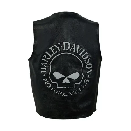 Harley Davidson Men's Reflective Skull Real Leather Black Motorcycle Vest