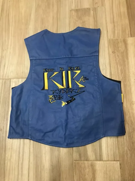 Kandi Blue And Yellow Leather Motorcycle Vest.