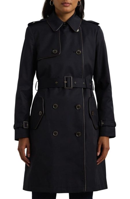 Lauren Ralph Lauren Belted Water Resistant Double Breasted Navy Trench Coat