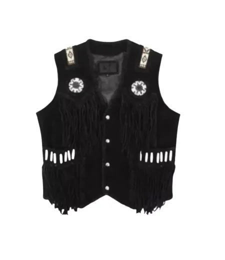 Men Suede Leather Western Cowboy Style Native Fringed Vest