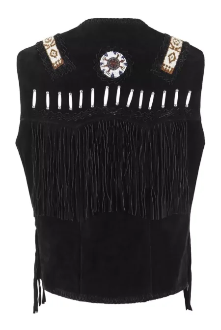 Men Suede Leather Western Cowboy Style Native Fringed Vest.