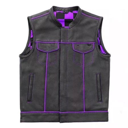 Men's Real Leather Purple Paisley Lining & Checker Club Vest