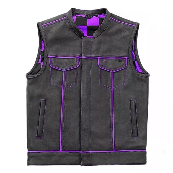 Men's Real Leather Purple Paisley Lining & Checker Club Vest