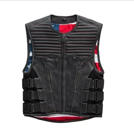 Men's Swat Style Black Leather Motorcycle Vest