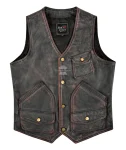 Mens Vintage Black Red Waxed Real Leather Rock Hunter Vest