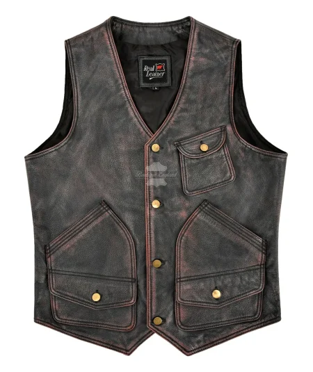 Mens Vintage Black Red Waxed Real Leather Rock Hunter Vest