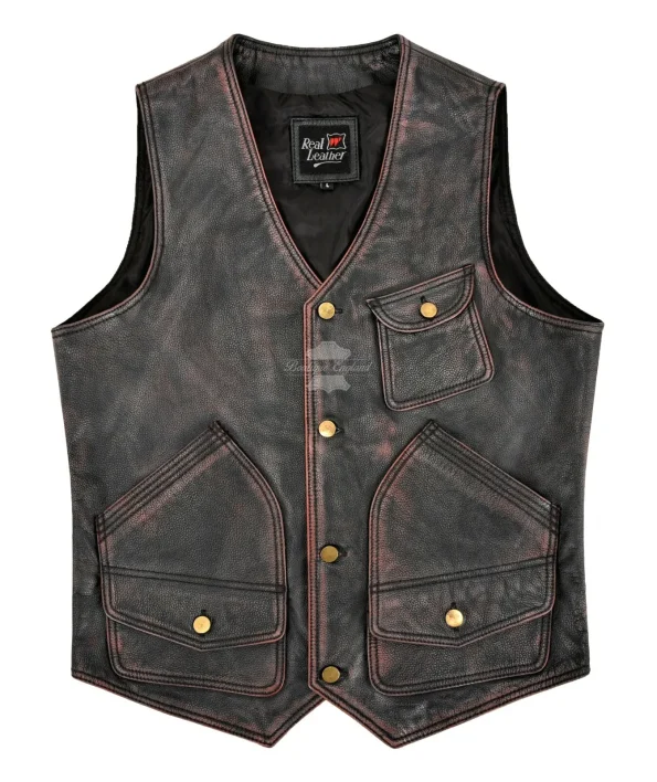 Mens Vintage Black Red Waxed Real Leather Rock Hunter Vest