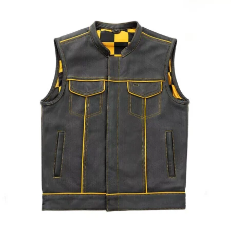 Men's Yellow & Black Checker Inner Motorbike Leather Vest