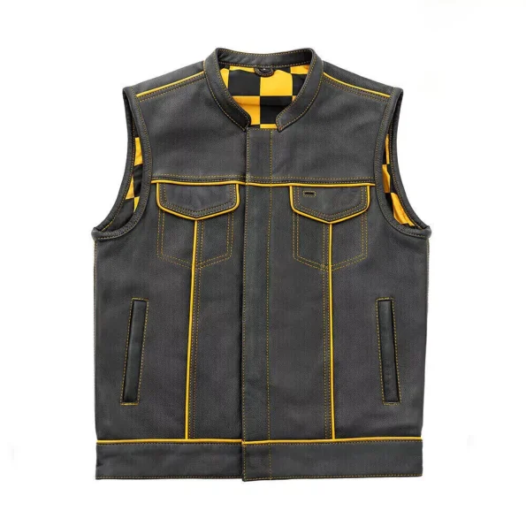 Men's Yellow & Black Checker Inner Motorbike Leather Vest