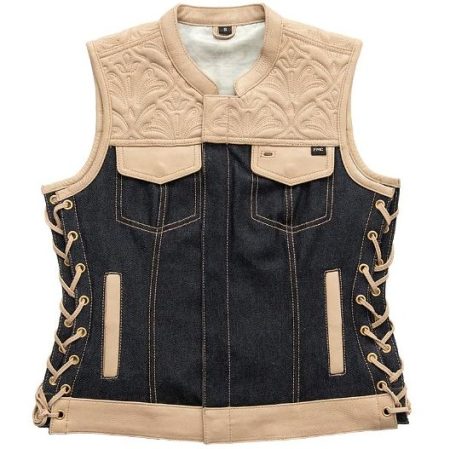 NEW MFG First Women's Light Tan Leather & Denim Vest