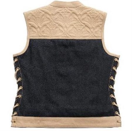 NEW MFG First Women's Light Tan Leather & Denim Vest.