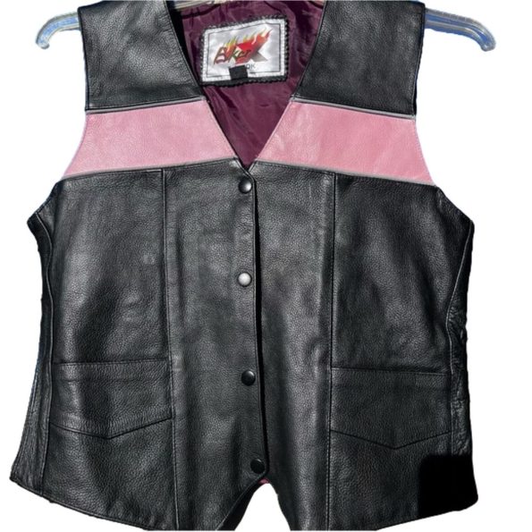 Women’s Tulsa Black And Pink Leather Biker Vest