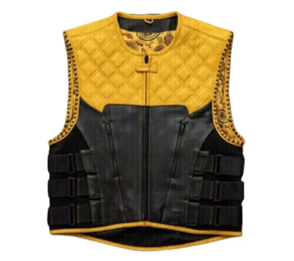 Yellow Leather Motorcycle Vest With Side Straps