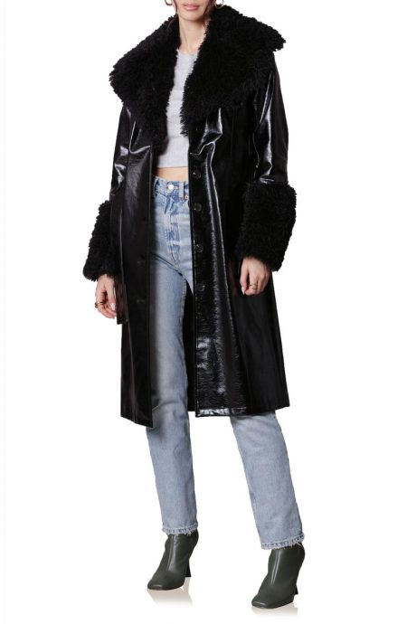Avec Les Filles Belted Faux Fur Trim Black Leather Trench Coat