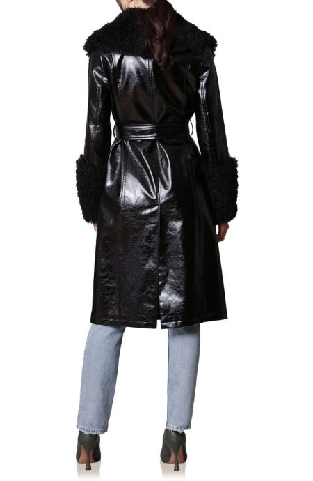 Avec Les Filles Belted Faux Fur Trim Black Leather Trench Coat.