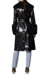 Avec Les Filles Belted Faux Fur Trim Black Leather Trench Coat
