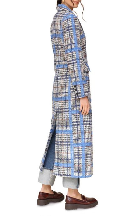 Avec Les Filles Grey And Blue Plaid Tweed Long Coat.