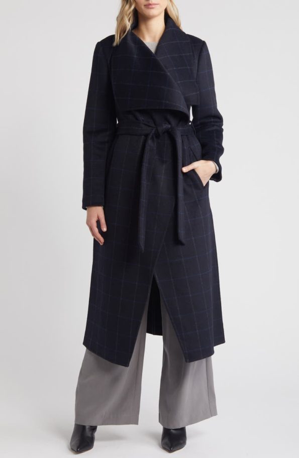 BCBG Black Blue Plaid Scarlet Long Wrap Coat