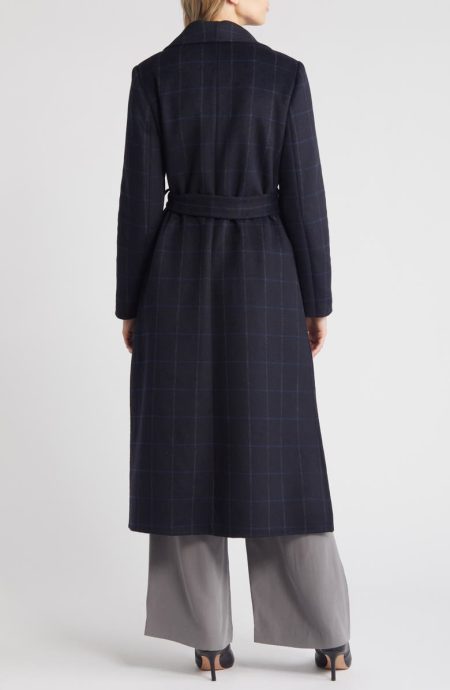 BCBG Black Blue Plaid Scarlet Long Wrap Coat.