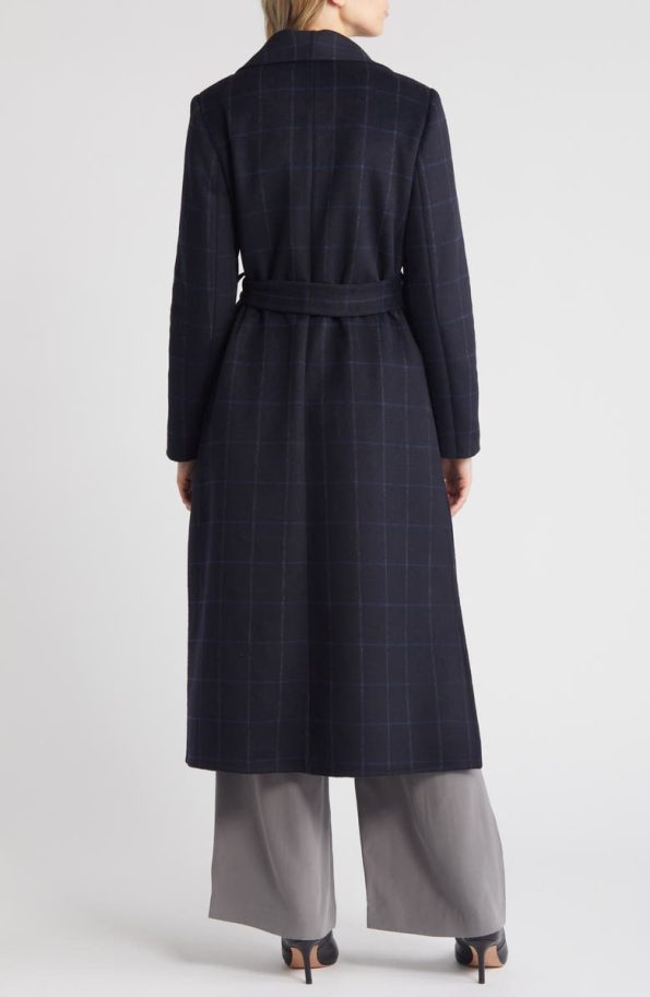 BCBG Black Blue Plaid Scarlet Long Wrap Coat.