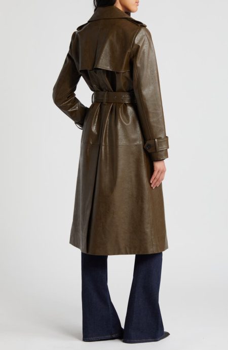 BCBGMAXAZRIA Belted Double Breasted Army Green Faux Leather Coat