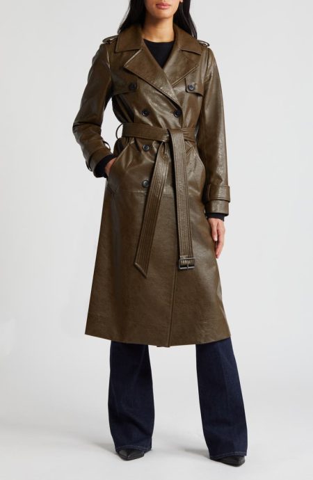 BCBGMAXAZRIA Belted Double Breasted Army Green Faux Leather Trench Coat