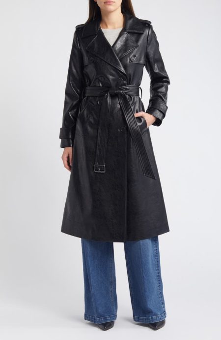 BCBGMAXAZRIA Belted Double Breasted Black Faux Leather Trench Coat