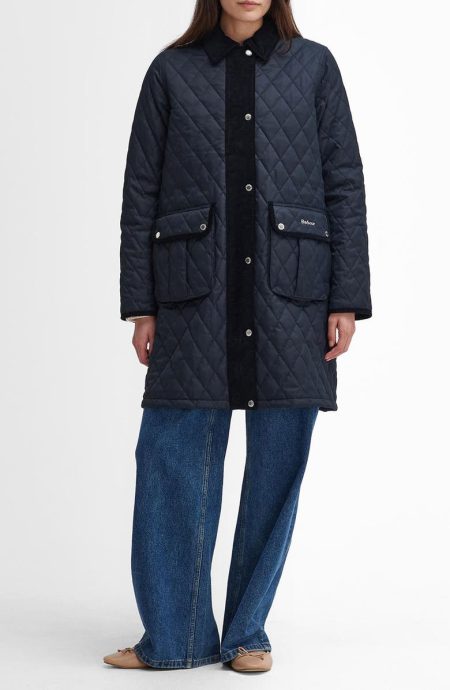 Barbour Navy Blue Tulip Corduroy Trim Quilted Coat