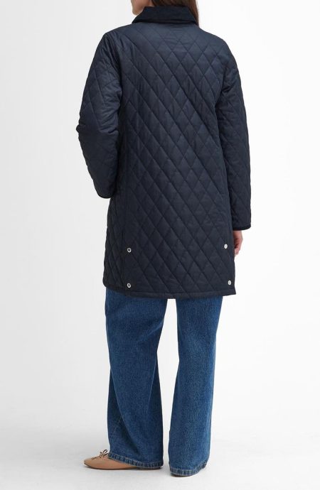 Barbour Navy Blue Tulip Corduroy Trim Quilted Coat.