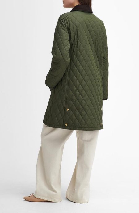 Barbour Olive Tulip Corduroy Trim Quilted Coat.