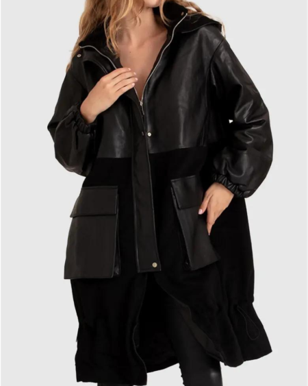 Belle & Bloom Back To Black Oversized Black Leather Panelled Coat