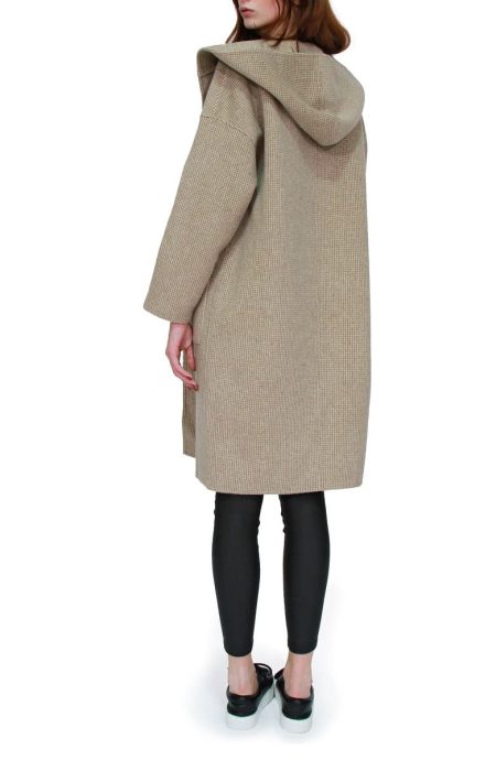 Belle & Bloom Beige Micro Check Sunday Morning Hooded Wool Blend Coat.