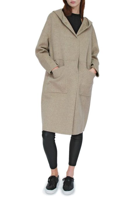Belle & Bloom Beige Micro Check Sunday Morning Hooded Wool Blend Coat
