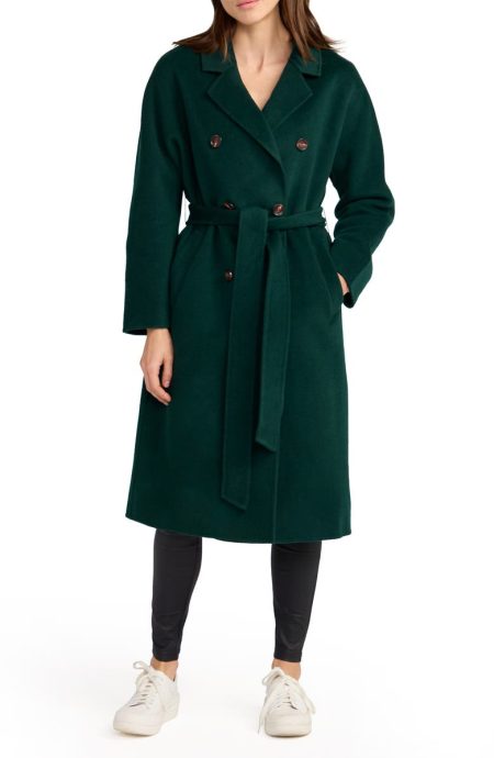 Belle & Bloom Standing Still Belted Dark Green Wool Blend Coat