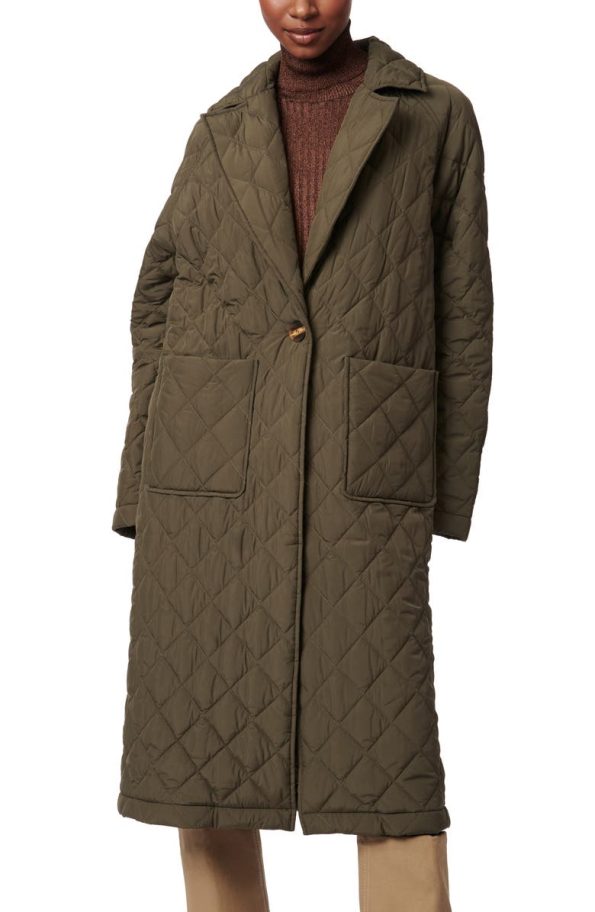 Bernardo Olive Diamond Quilted Long Coat