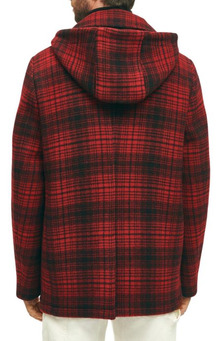 Brooks Brothers Out Buffalo Check Hooded Wool Peacoat.