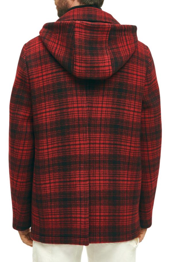 Brooks Brothers Out Buffalo Check Hooded Wool Peacoat.