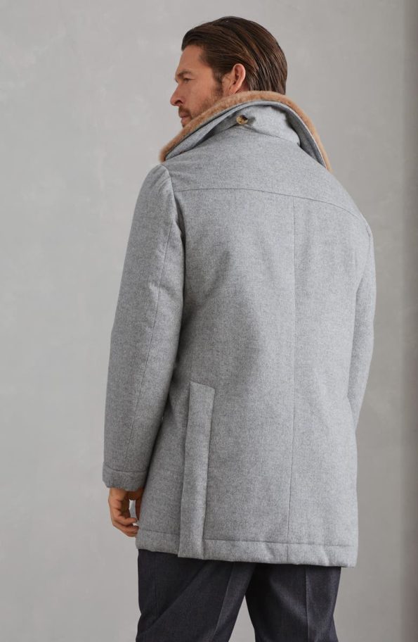Brunello Cucinelli Pearl Grey Cashmere Beaver Coat.